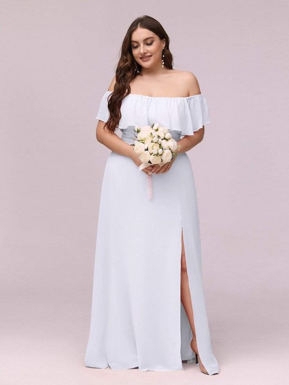 Women's Off Shoulder Ruffle Thigh Slit Bridesmaid Dresses - White