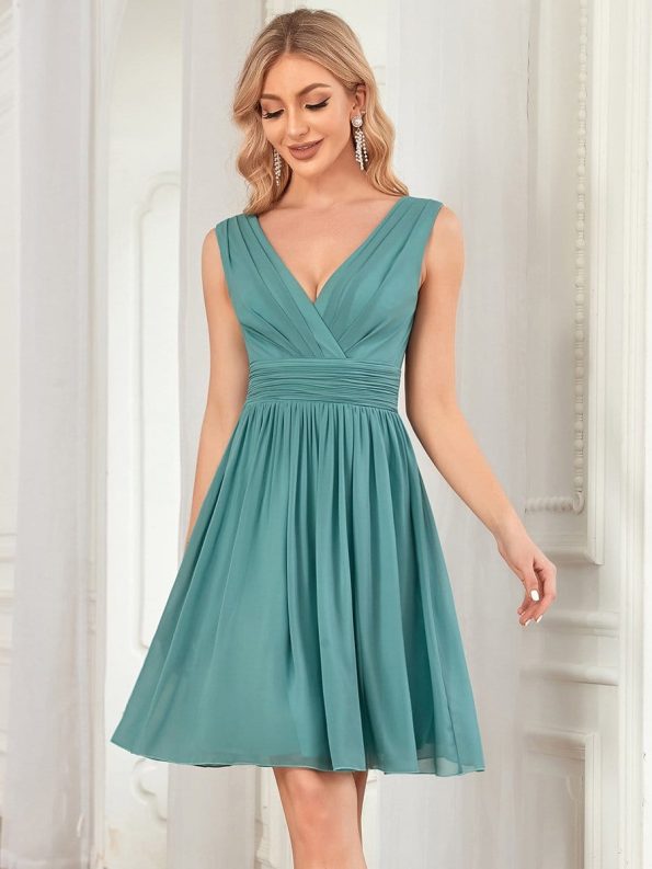 Women Sleeveless V Neck Short Bridesmaid Dress - Dusty Blue