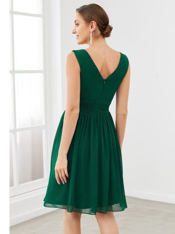 Women Sleeveless V Neck Short Bridesmaid Dress - Dark Green