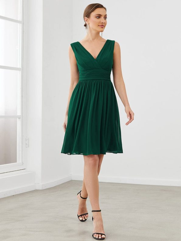 Women Sleeveless V Neck Short Bridesmaid Dress - Dark Green