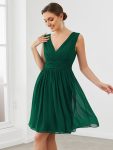 Women Sleeveless V Neck Short Bridesmaid Dress – Dark Green