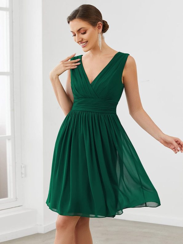 Women Sleeveless V Neck Short Bridesmaid Dress - Dark Green