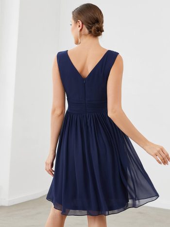 Women Sleeveless V Neck Short Bridesmaid Dress - Navy Blue