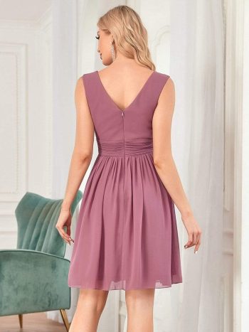 Women Sleeveless V Neck Short Bridesmaid Dress - Purple Orchid