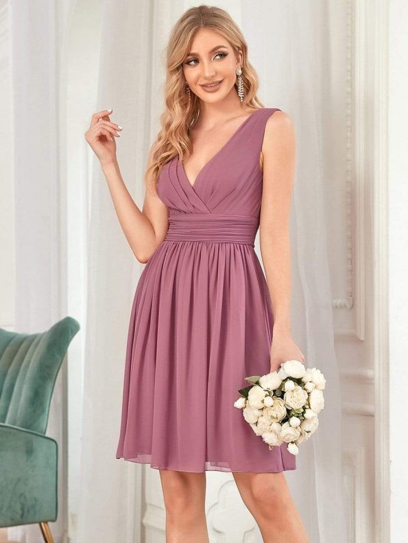 Women Sleeveless V Neck Short Bridesmaid Dress - Purple Orchid