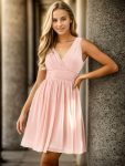 Women Sleeveless V Neck Short Bridesmaid Dress - Pink