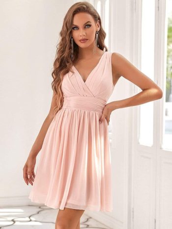 Women Sleeveless V Neck Short Bridesmaid Dress - Pink