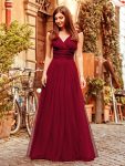 Floor Length Double V Neck Tulle Bridesmaid Dresses – Burgundy