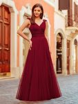 Floor Length Double V Neck Tulle Bridesmaid Dresses – Burgundy