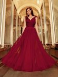 Floor Length Double V Neck Tulle Bridesmaid Dresses - Burgundy