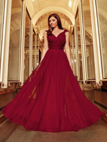 Floor Length Double V Neck Tulle Bridesmaid Dresses - Burgundy