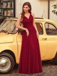 Floor Length Double V Neck Tulle Bridesmaid Dresses – Burgundy