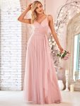 Floor Length Double V Neck Tulle Bridesmaid Dresses – Blush