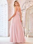 Floor Length Double V Neck Tulle Bridesmaid Dresses – Blush