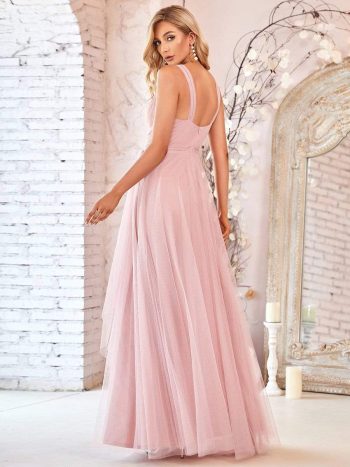 Floor Length Double V Neck Tulle Bridesmaid Dresses - Blush