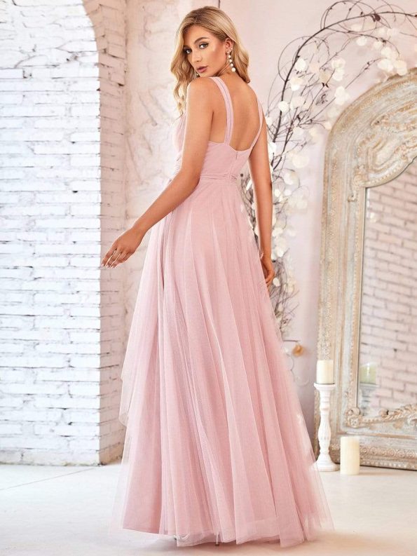 Floor Length Double V Neck Tulle Bridesmaid Dresses - Blush