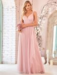 Floor Length Double V Neck Tulle Bridesmaid Dresses – Blush