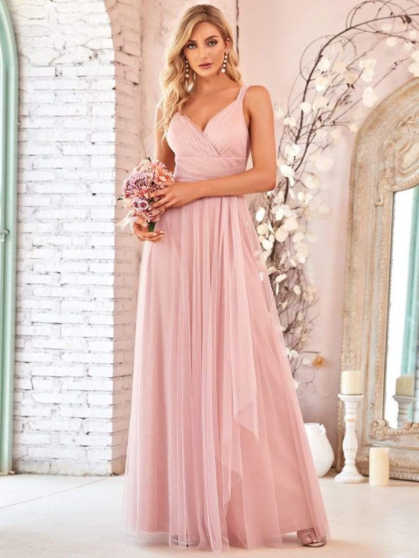 Floor Length Double V Neck Tulle Bridesmaid Dresses - Blush