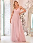 Floor Length Double V Neck Tulle Bridesmaid Dresses – Blush