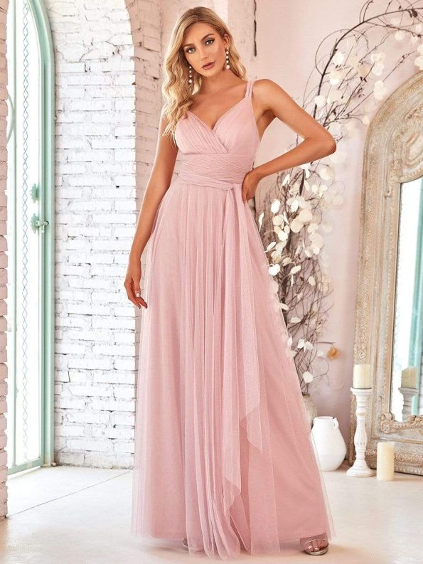 Floor Length Double V Neck Tulle Bridesmaid Dresses - Blush