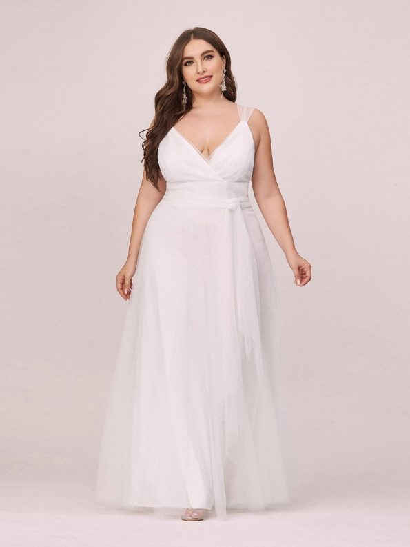 Floor Length Double V Neck Tulle Bridesmaid Dresses - Cream