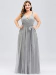 Floor Length Double V Neck Tulle Bridesmaid Dresses – Grey