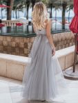 Floor Length Double V Neck Tulle Bridesmaid Dresses – Grey