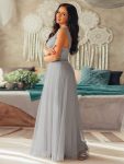 Floor Length Double V Neck Tulle Bridesmaid Dresses – Grey