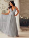 Floor Length Double V Neck Tulle Bridesmaid Dresses – Grey