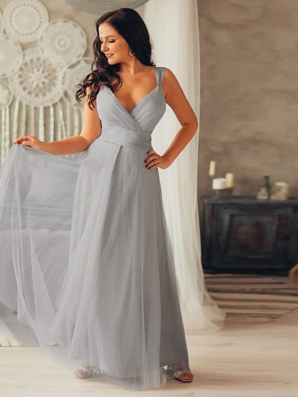 Floor Length Double V Neck Tulle Bridesmaid Dresses - Grey