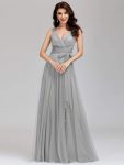 Floor Length Double V Neck Tulle Bridesmaid Dresses – Grey