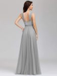 Floor Length Double V Neck Tulle Bridesmaid Dresses – Grey