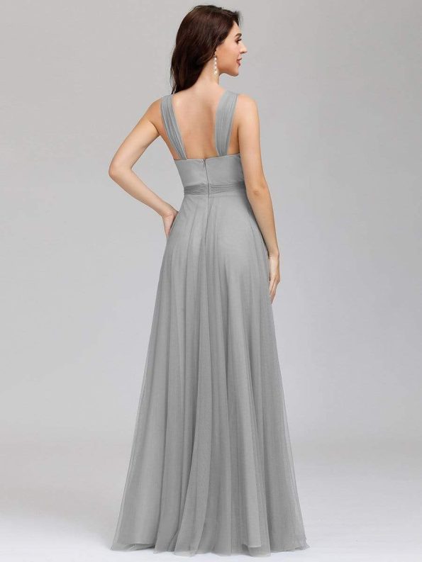 Floor Length Double V Neck Tulle Bridesmaid Dresses - Grey