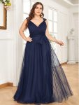 Floor Length Double V Neck Tulle Bridesmaid Dresses – Navy Blue