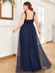 Floor Length Double V Neck Tulle Bridesmaid Dresses – Navy Blue