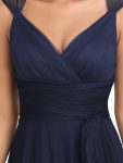 Floor Length Double V Neck Tulle Bridesmaid Dresses – Navy Blue