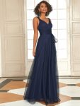 Floor Length Double V Neck Tulle Bridesmaid Dresses – Navy Blue