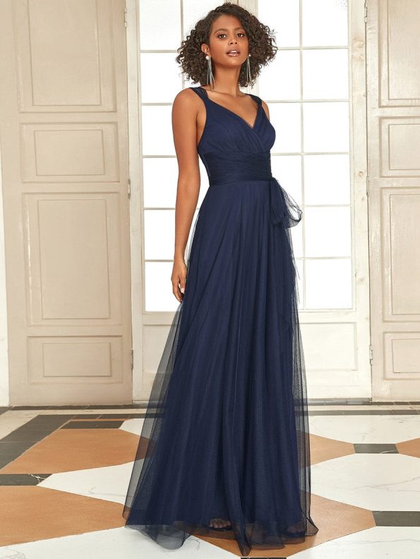 Floor Length Double V Neck Tulle Bridesmaid Dresses - Navy Blue