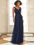 Floor Length Double V Neck Tulle Bridesmaid Dresses – Navy Blue