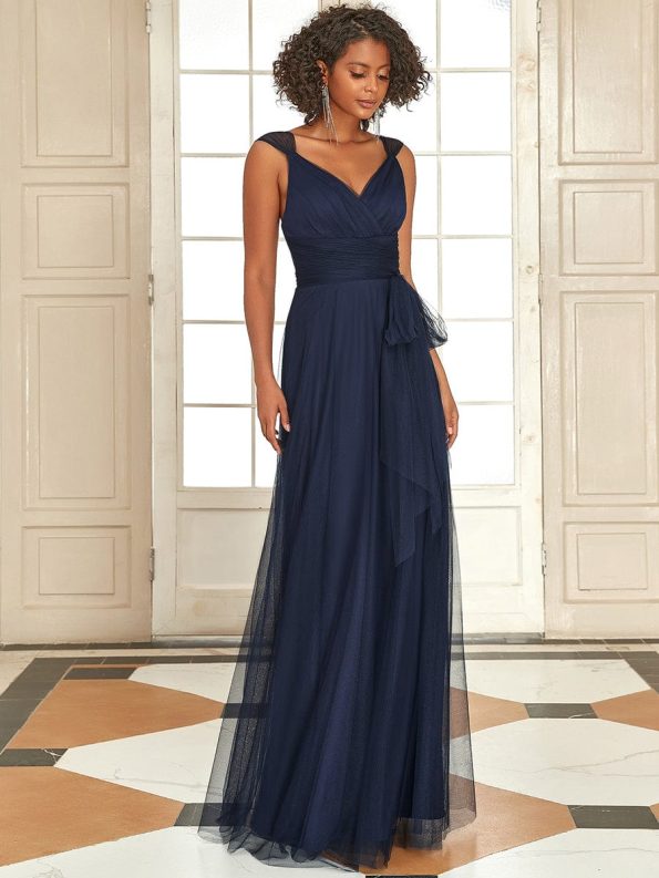 Floor Length Double V Neck Tulle Bridesmaid Dresses - Navy Blue