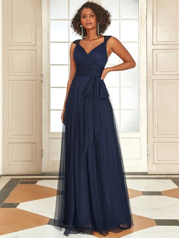 Floor Length Double V Neck Tulle Bridesmaid Dresses - Navy Blue