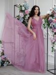 Floor Length Double V Neck Tulle Bridesmaid Dresses – Purple Orchid