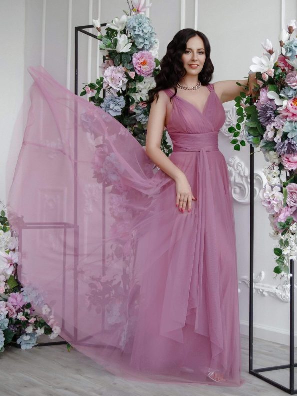 Floor Length Double V Neck Tulle Bridesmaid Dresses - Purple Orchid