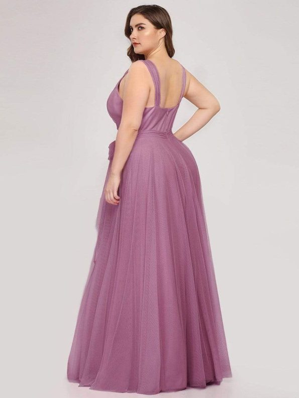 Floor Length Double V Neck Tulle Bridesmaid Dresses - Purple Orchid