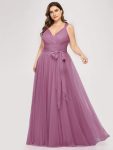 Floor Length Double V Neck Tulle Bridesmaid Dresses – Purple Orchid