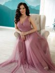 Floor Length Double V Neck Tulle Bridesmaid Dresses – Purple Orchid