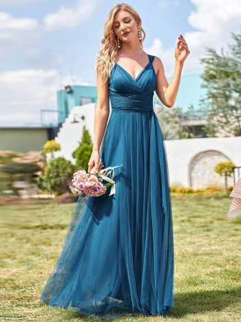 Floor Length Double V Neck Tulle Bridesmaid Dresses - Teal