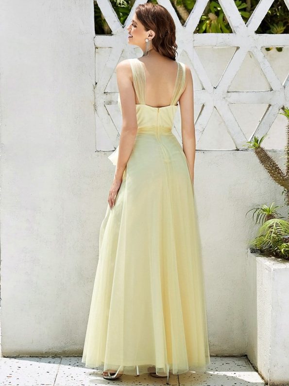 Floor Length Double V Neck Tulle Bridesmaid Dresses - Yellow