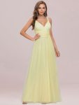 Floor Length Double V Neck Tulle Bridesmaid Dresses – Yellow