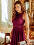 Sleeveless Lace Bodice Empire Waist Long A Line Bridesmaid Dress – Burgundy